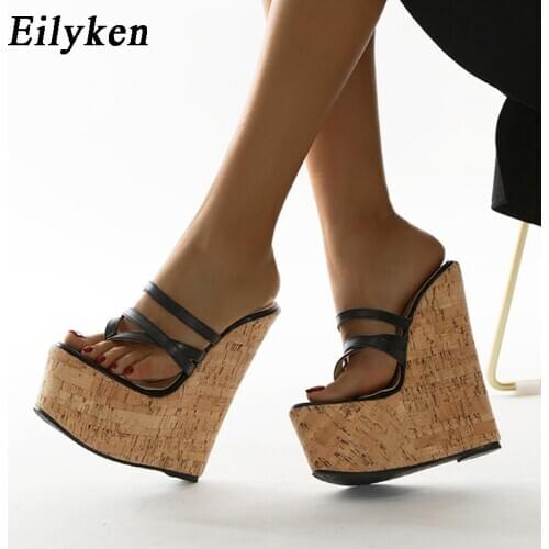 Eilyken 2021 New Black Sexy Super 18CM High Heels Platform Wedges Narrow Band Pinch slippers Women Sandals Mules Slippers shoes