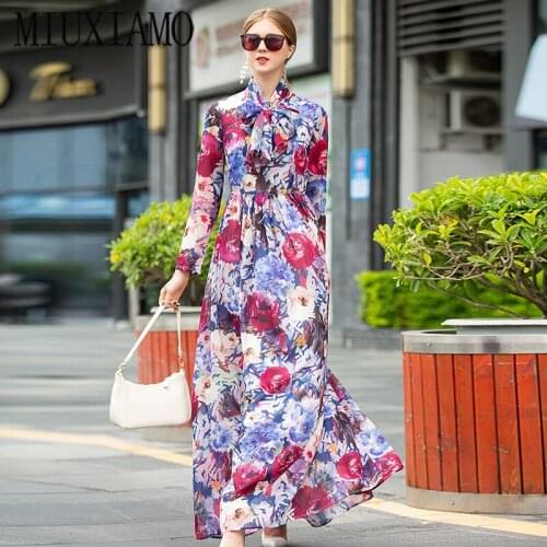 High Quality 2020 Spring Long Dress Fashion Newest Flower Print Vintage Loose Long Sleeve Ankle-Length Maxi Dress Women