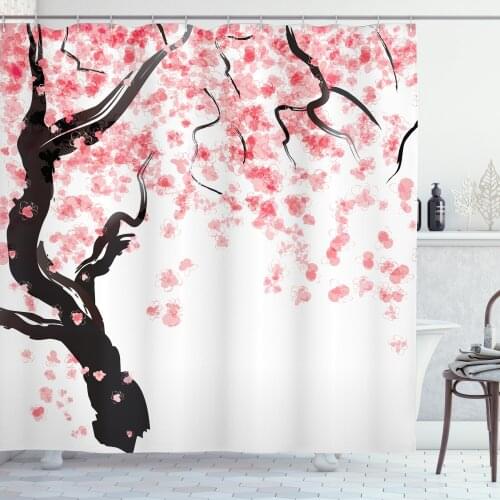 Cherry Blossom Shower Curtain Set Coral Pink Sakura Branches Curtain for Bathroom Decor 12 Hooks Decorative Bath Accessory