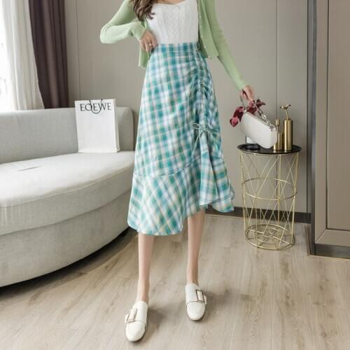 2021 New Arrival Spring Summer Women High Waist Slim Long Skirt High Quality Sweet Ruffles Drawstring Vintage Plaids Skirt