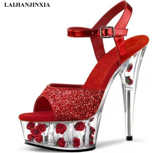 LAIJIANJINXIA New Platform Sexy Peep Toe Crystal Sandals Pole Dance Shoes 15 CM High Heels Flower Show Women Fetish Shoes