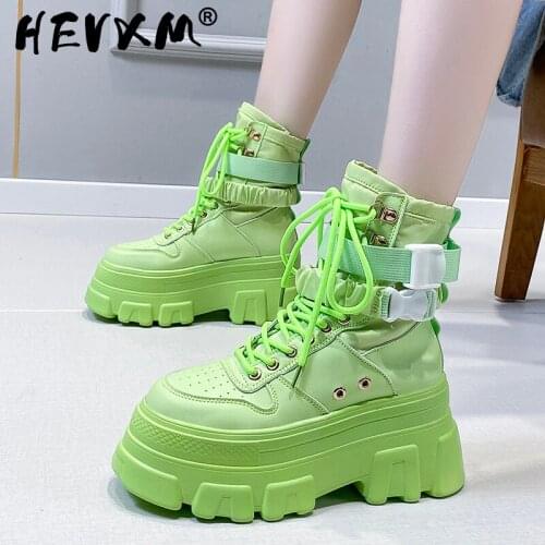 2021 Green Punk Chunky Platform Motorcycle Boots Women Autumn Winter Gothic Shoes Woman Thick Bottom Lace Up Ankle Botas Mujer