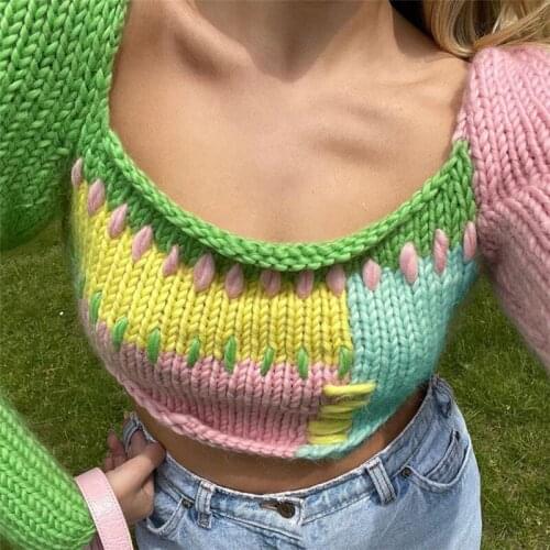 Dourbesty Candy Color Patchwork Knitted Tops Women Autumn Long Sleeve Square Collar Sweaters Fashion Y2K Pullovers Jumpers