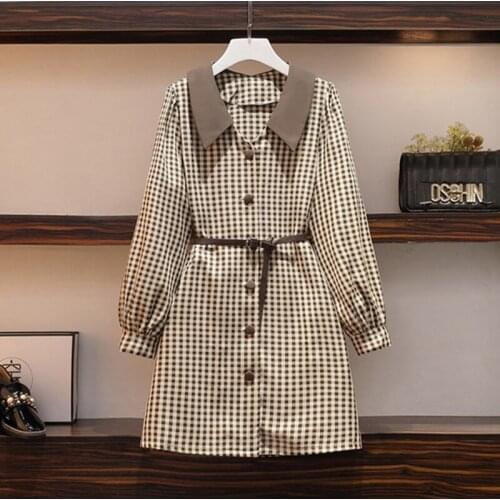 2020 Spring Autumn Minin Dress Women Vintage Long Sleeve Plaid Belted Dresses Female Retro V-neck Vestido