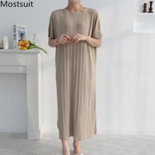 Korean Solid Women Straight Dress Summer Short Sleeve O-neck Belted Long Dresses Vintage Basic Loose Waist Vestidos Femme 2021