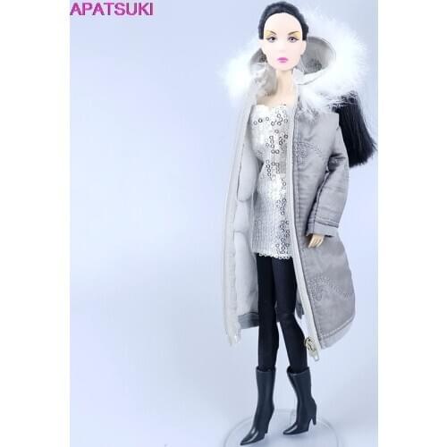 Grey Winter Warm Wear Long Coat for Barbie Doll Clothes Parka Outfits For 1/6 BJD Doll Jacket 1:6 Dolls Accessories Kids Toys