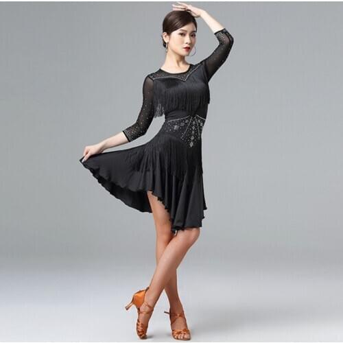 2021 New 7012 Tassel Design Latin Dance Dress Women Lotus Hem Dancing Performance Dress for Ballroom Samba Tango