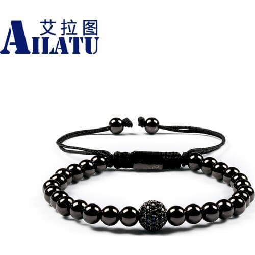 Ailatu 6mm Advanced Plated Round Beads with Micro Inlay Blue 8mm Cz Ball Braiding Macrame Bracelet for Men