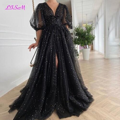 Black Starry Tulle Prom Dresses Half Puff Sleeves Wedding Party Dresses Pleats Split Sweep Train Long Prom Gowns Belt
