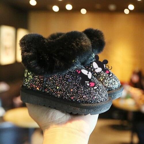 Disney childrens cartoon Mickey Mouse soft bottom plus velvet warm cotton shoes girl crystal sequined short boots snow boots