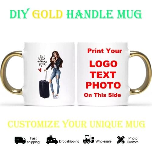 DIY photo mug Travel girl Gold handle Customize mug diy cup print image logo text kitchware bottle coffee cup DIY KTDZ-RW-003-JB