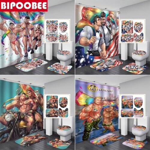 Men Gay Pride Art Bathroom Shower Curtain and Rug Sets Tough Guy Peace Print Bath Curtains Toilet Cover Mats Carpets Home Decor