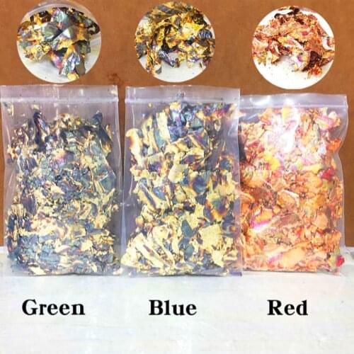 Fragment of variegated gold foil sheets red green blue variegated flake Imitation gold foil leaf 10 gram each color