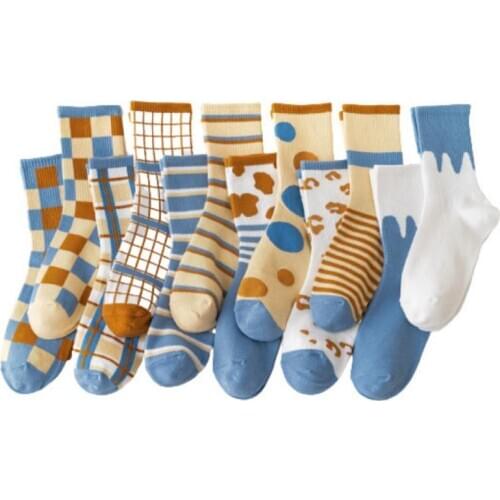 Cotton Socks Color Matching Ins Blue Striped Plaid Tide Socks Women Socks Harajuku Accessories Socks Woman Sox Colorful