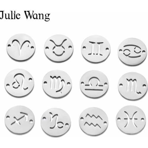 Julie Wang 12PCS/Set 12 Constellations Zodiac Connectors Stainless Steel Fashion Necklace Bracelet Jewelry Making Accessory