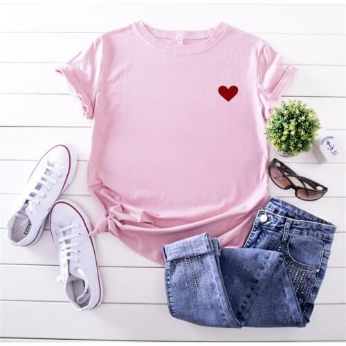 Summer Polyester Women Red Heart Print T Shirt Short Sleeve Tees Ladies Tops Casual Simple Soft Female TShirt TX6011