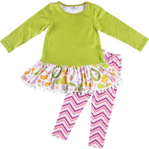 Kaiya Angel Hot Sale Easter Children Sets Dot Green Floral Ruffle Top with Gear Printed Pants Factory Wholesale Girls Clothing