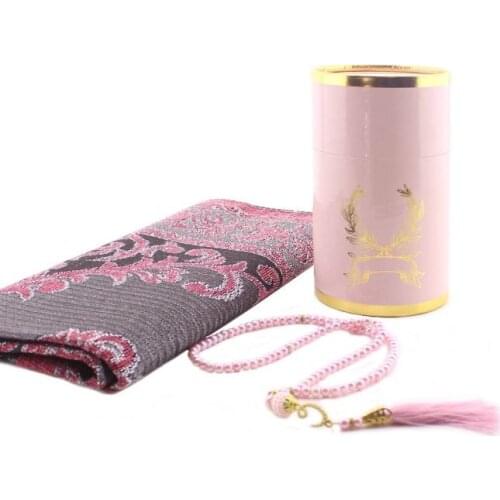Mothers Day Taffeta Prayer Rug and Pearl Rosary Cylinder Set In Box