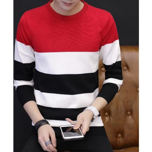 Mens round Neck Sweater Autumn And Winter Pullover Sweater Male Thick Jumpers Korean-Style Slim Trend Striped Bottoming Shirt M