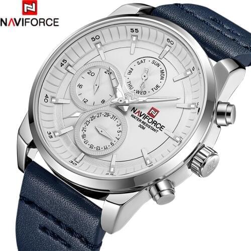NAVIFORCE Luxury Brand Mens Military Waterproof Leather Sport Watch Men Leisure Quartz Watch 24 Hour Date Display Analog Clock