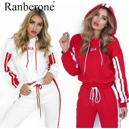 New Women Suit Sport 2 Piece Trainning Set Casual White Red Striped Hooded Sweatshirt Jogging Sweatpants Fitness Sportswear