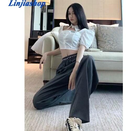 Autumn Casual Women Gray Loose Gray Pants Female Fashion Letter Pirnt Elastic High Wasit Long Pants Ladies Wide Leg Pants