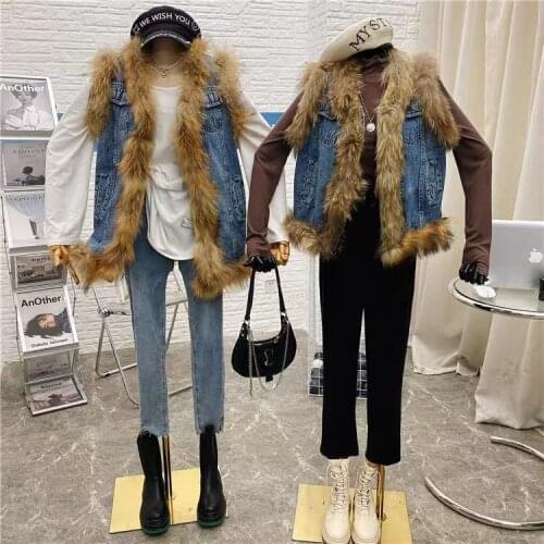 PERHAPS U Faux Fur Women Denim Vest D0000