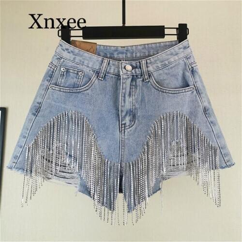 Beach Summer New Denim Shorts Korean Wide-legged Pants Crystal Chain Tassel Hole High Waist Short Jeans Womens Tide Pants