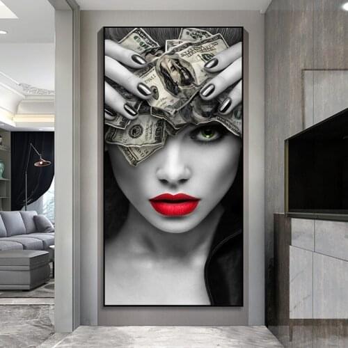 Modern Dollar Money Canvas Painting Red Lipped Woman Poster and Prints Wall Art Picture for Living Room Home Decoration Cuadros
