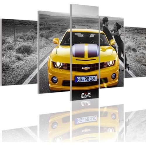 Modern Yellow Car 5 Panels HD Canvas Painting Travel Posters Wall Art Print Picture Living Room Interior Home Decoration Frame