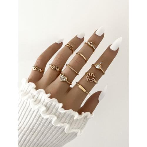 Stillgirl 10Pcs Vintage Crystal Gold Heart Rings for Women Punk Plant Geometric Set Aesthetic Female Boho Fashion Jewelry Bauge
