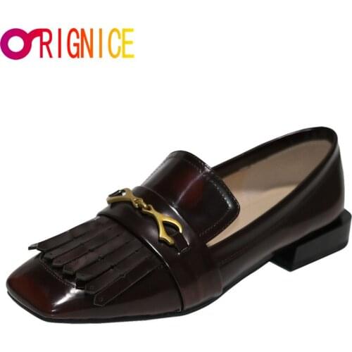 Orignice Spring Autumn Women Classic Pumps Wine Red Single Casual Shoes Genuine Leather Slip On Low Heel Fashion Tassel Design