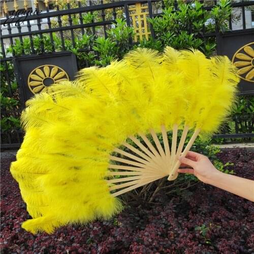 YOYUE 15 Bone Ostrich Feathers Fan Halloween Party Wedding Celebration Belly Dance Show DIY Decorative Yellow Feathers Fan