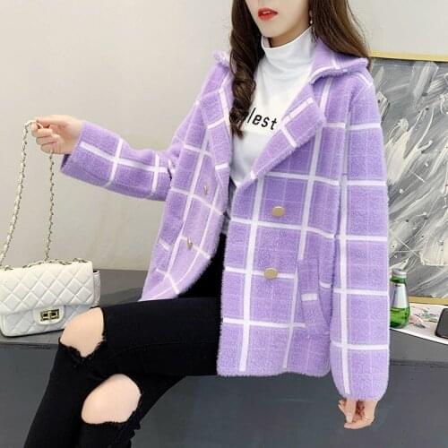 Women 2021 Winter Fashion Imitation Mink Velvet Outwear Female New Thicken Loose Casual Jacket Ladies Plaid Cardigans Coats W537