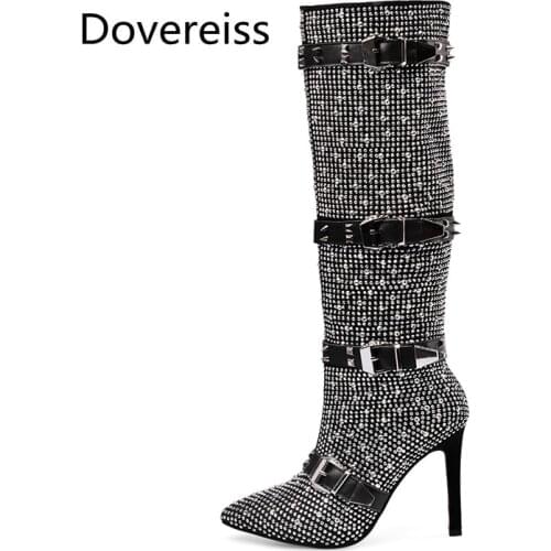 Dovereiss Fashion Womens Shoes Winter Elegant Knee high boots Mature Rivets Pure color Buckle Pointed toe Stilettos heels43