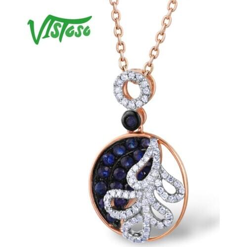 VISTOSO Gold Pendants For Women Authentic 14K 585 Rose Gold Sparkling Blue Sapphire Diamond Luxury Necklace Pendant Fine Jewelry