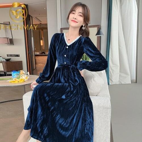 New 2020 Winter Vintage One-piece Velvet Dress Women Sexy V-neck Long Sleeve Belted Wrap Slim Dresses Vestidos