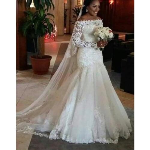 ANGELSBRIDEP Long Sleeves Mermaid Wedding Dresses Dubai African Bridal Gowns Charming Boat-Neck Court Train Formal Bride Dress