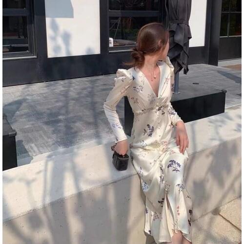 Womens Crystal-Embellished Mini Robe Floral Printing V-neck High Waist Buttons Early Autumn 2021 Ladies Dress