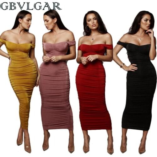 2020 Summer Spring Sexy Female Pleated Wrap Bodycon Dress Suede Off-Shoulder Long Womens Dress Elegant Party Dresses Vestidos