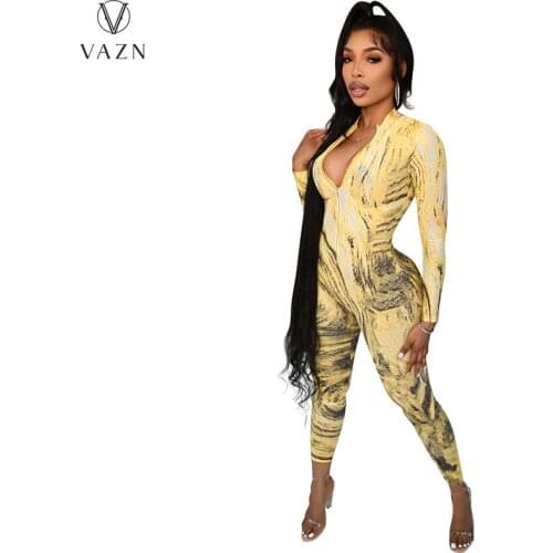 VAZN 2021 Autumn Sexy Regular Soft Elastic Free Overalls Fancy Full Sleeve Women Skinny Long Pencil Jumpsuits