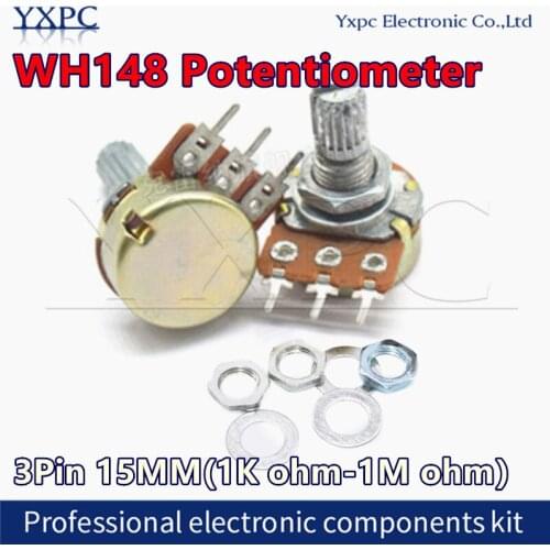 30pcs WH148 B1K B2K B5K B10K B20K B50K B100K B250K B500K B1M Potentiometer 3pin 15mm 1K 2K 5K 10K 20K 50K 100K 250K 500K 1M