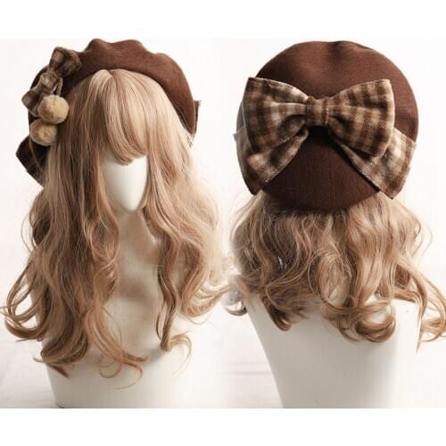 Plaid beret British fashion Japanese woolen bow hat female autumn and winter joker