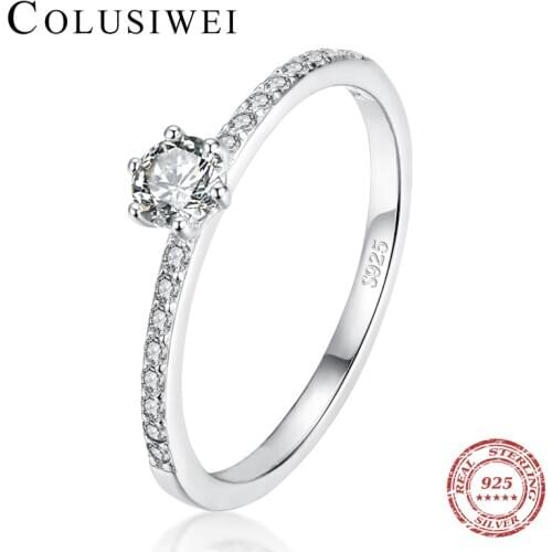 COLUSIWEI Fashion 925 Sterling Silver 6 Prong Zirconia Stackable Wedding Engagement Slim Finger Ring for Women Girl Fine Jewelry