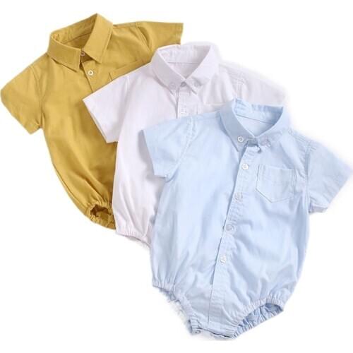 2021 Summer Baby Gentleman Shirt Romper Body Lapel Short Sleeves Birthday Party Newborn Outfits Toddler Infant Girl Boy Jumpsuit