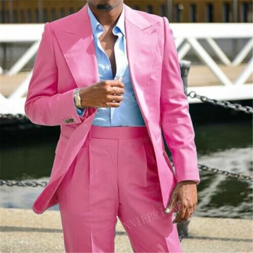 2020 Newest Pink Men Suit 2 piece Custom Slim fit Groom Wedding Suits Dress Tuxedo Casual Large Peaked Lapel Male Jacket Pants
