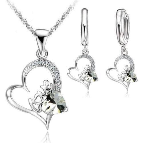 925 Sterling Silver Jewelry Sets lOVE IN HEART Cubic Zircon Pendant Necklace Leveback Earrings Jewelry Sets
