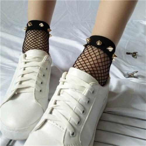 New Womens Harajuku Breathable Rivet Fishnet Socks Sexy Hollow Out Nets Socks Ladies Mesh White Black Fishnet Ankle High Socks