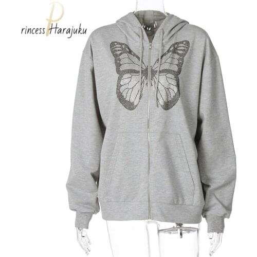 Autumn Fashion Plus Size Butterfly Y2k Graphic Rhinestone Zip Up Hoodies E-girl 90s Streetwear Kawaii Diamond Gray Long Jacket