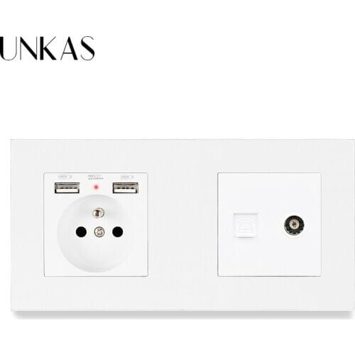 UNKAS PC Plastic Panel French Standard Electric Socket With 2 USB + 1 Gang RJ11 Telephone Connector Female TV Connector 172*86mm
